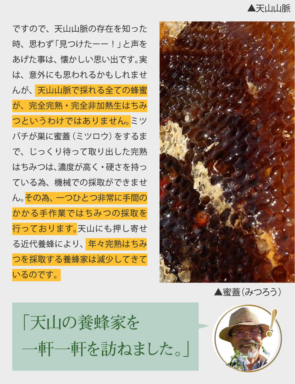 「天山の養蜂家を一軒一軒を訪ねました。」